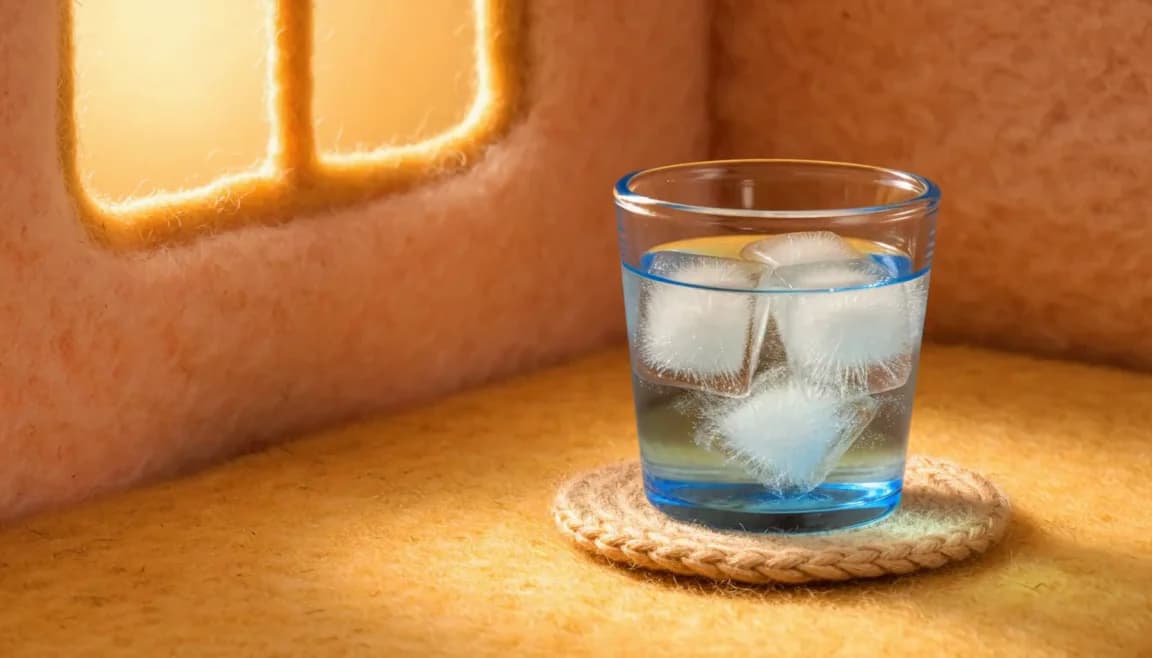 A cold glass with droplets on its outside, on a peach felt tabletop and round coaster