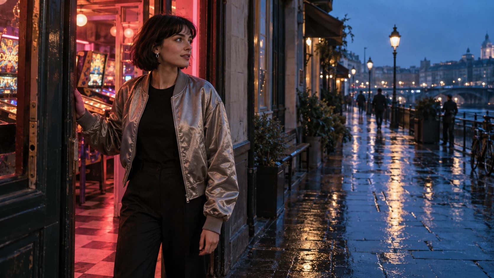Original reference of a short-haired performer in a silver jacket at an arcade doorway, with coral light inside and a blue evening street outside
