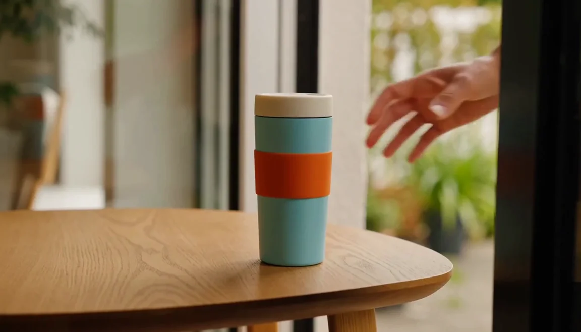A sky-blue travel mug with an orange grip band and a pale lid on an oak table by an open door.