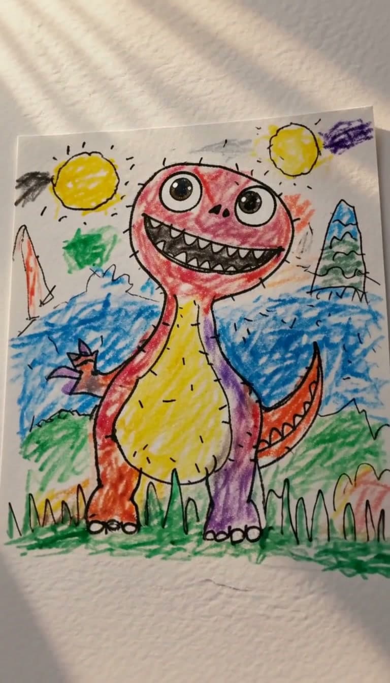 Flat crayon dinosaur on paper at the opening of the generated animation