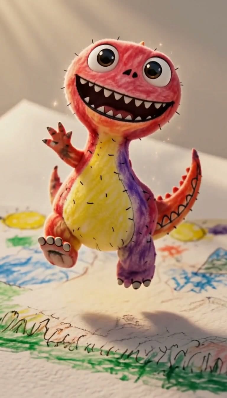 The dinosaur has become a small three-dimensional figure above the paper