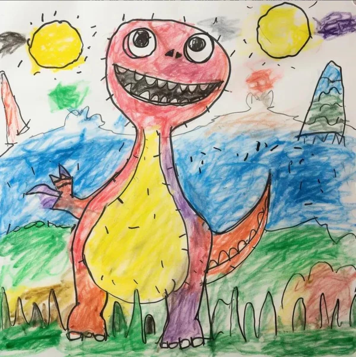 Original crayon drawing of a smiling pink dinosaur with a yellow belly, a purple side and a colorful landscape