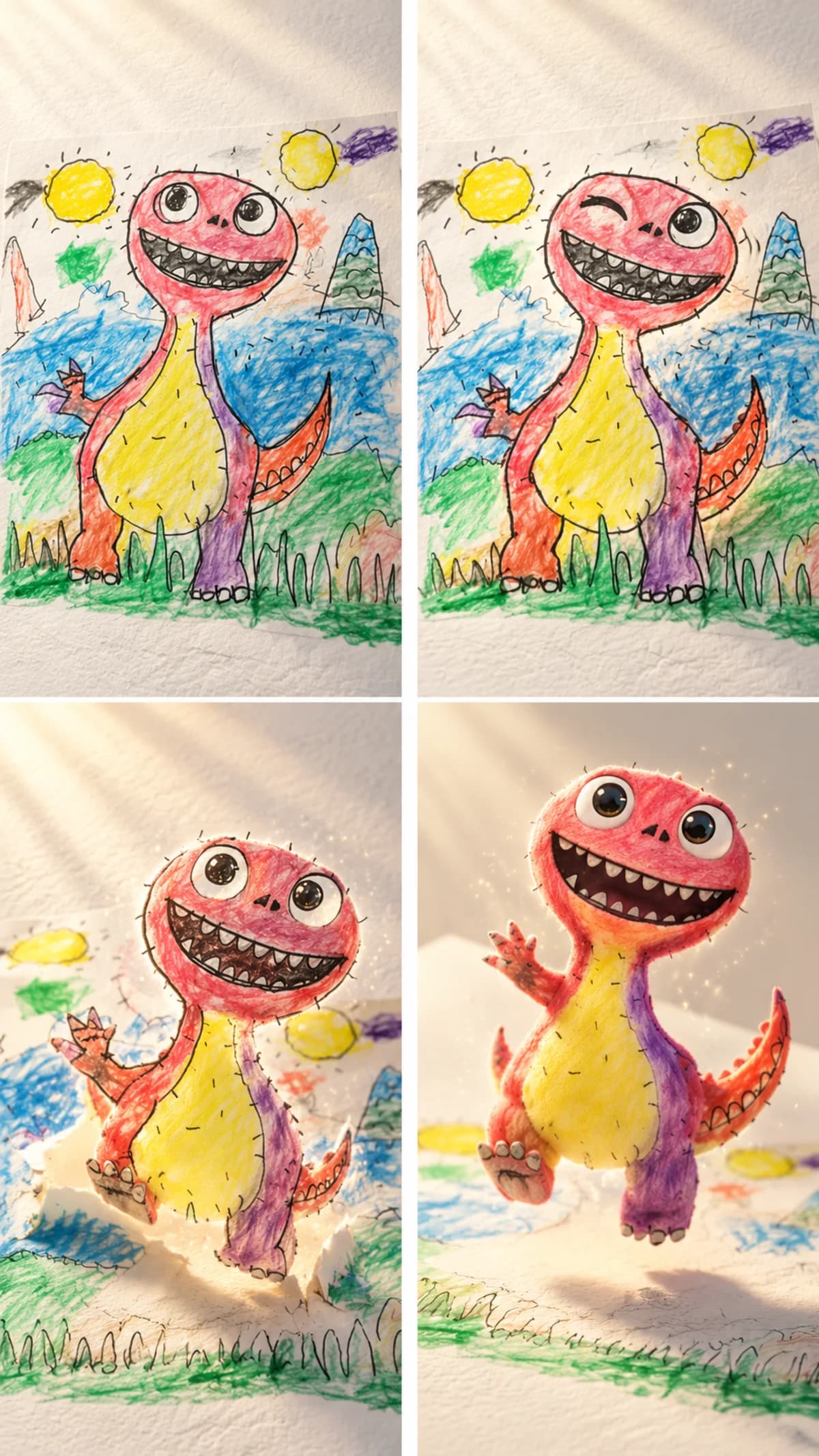 Four-panel storyboard planning the dinosaur’s transformation from a flat drawing into a three-dimensional character