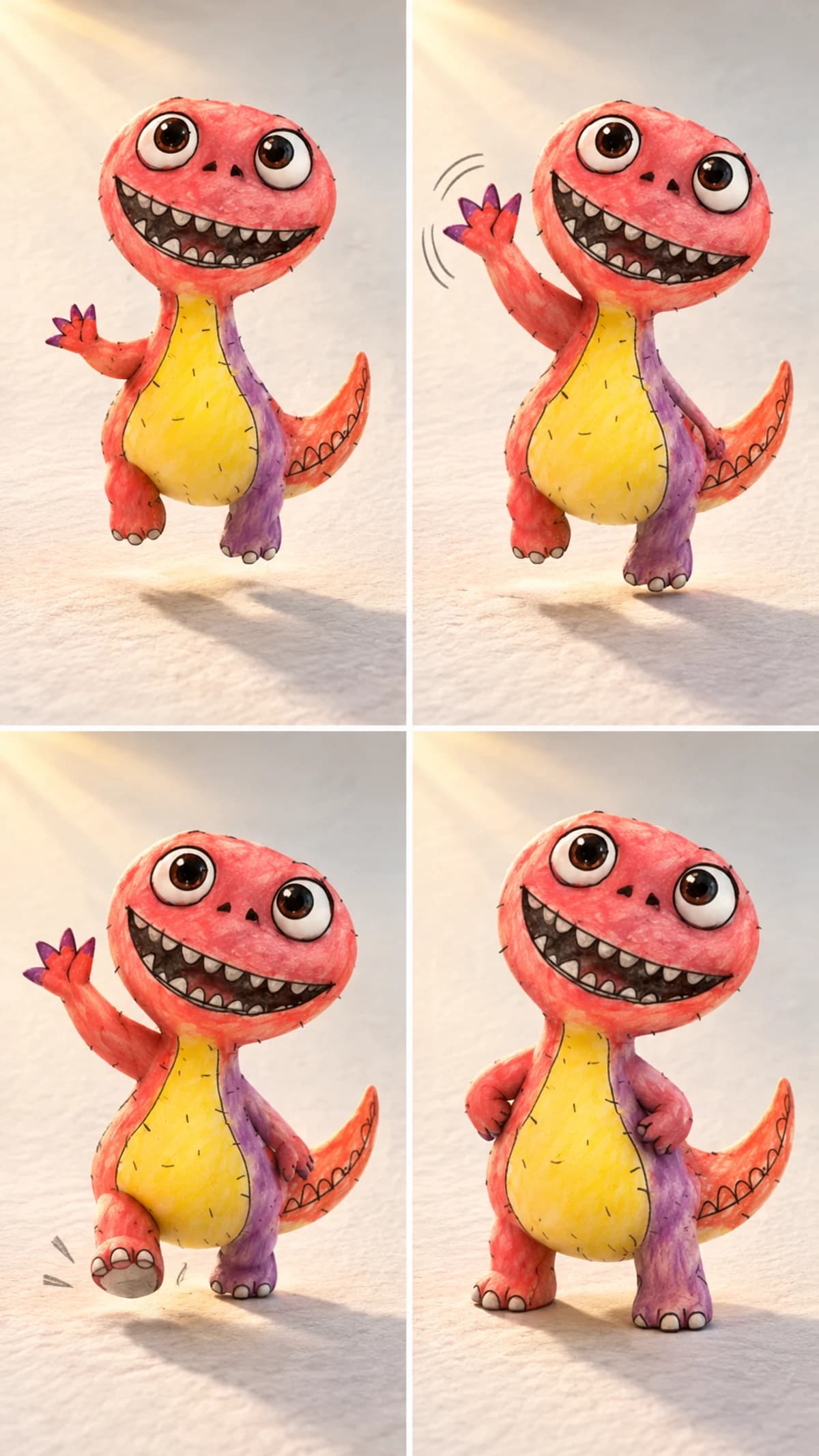 Four-panel storyboard planning a wave and one small step by the same dinosaur