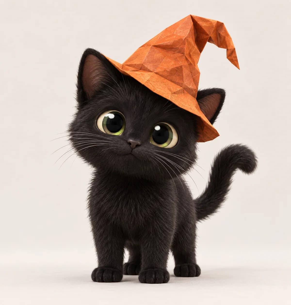 Miso character reference showing a black cat with expressive eyes and a crooked orange paper witch hat