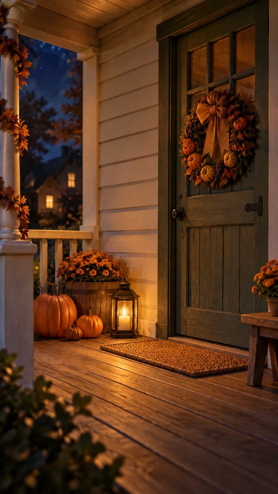 Empty Halloween porch reference with a wooden door, blank wall and one warm floor lantern