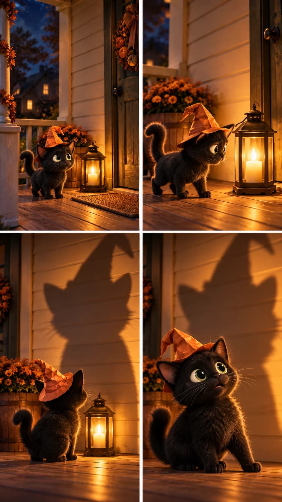 Chronological multi-panel storyboard of Miso approaching the porch lantern and noticing its growing shadow