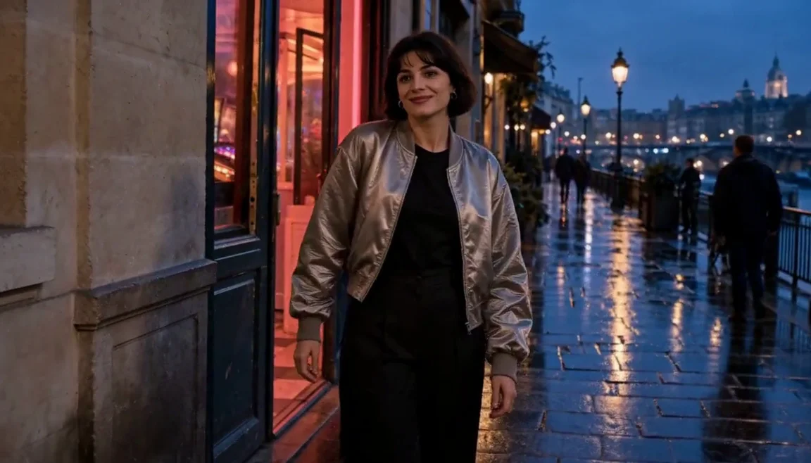 The same performer in a silver jacket closer to the camera on the wet street