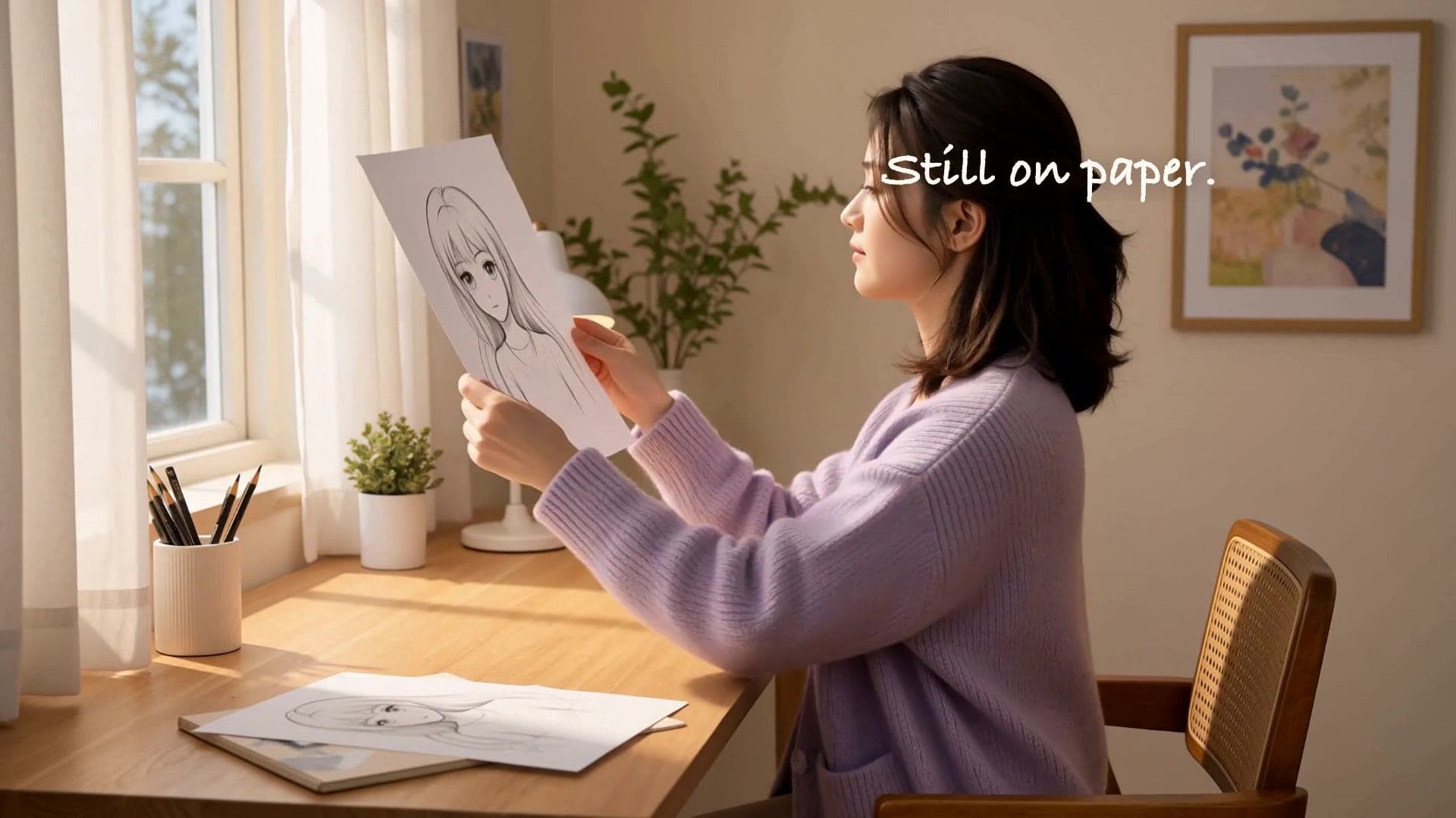 A creator working in a softly lit room