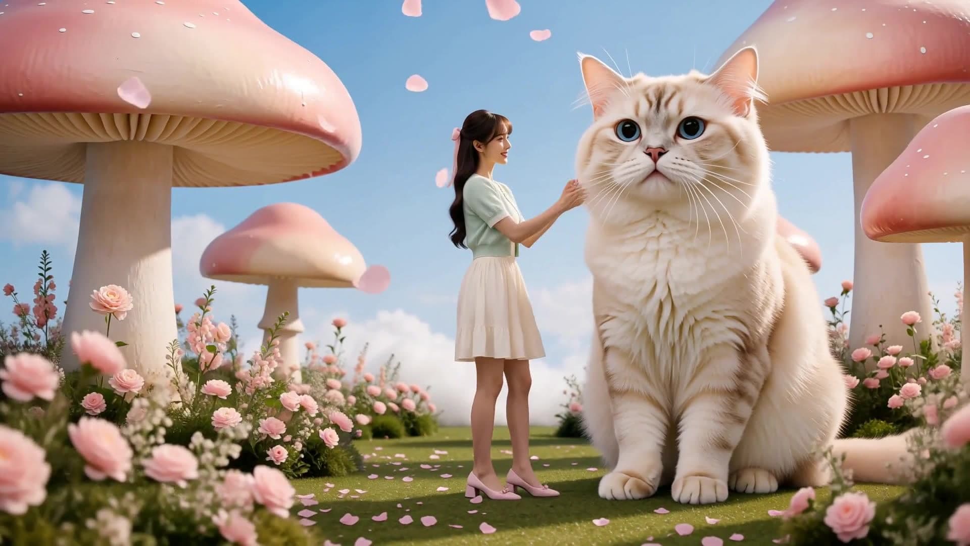 A woman beside an oversized cat in Pastel Dream