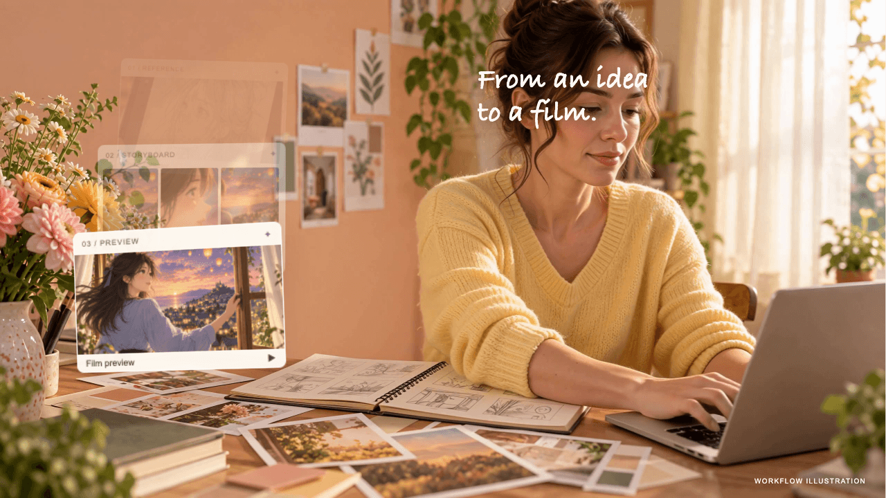 Reference, storyboard, and preview cards beside the creator’s laptop