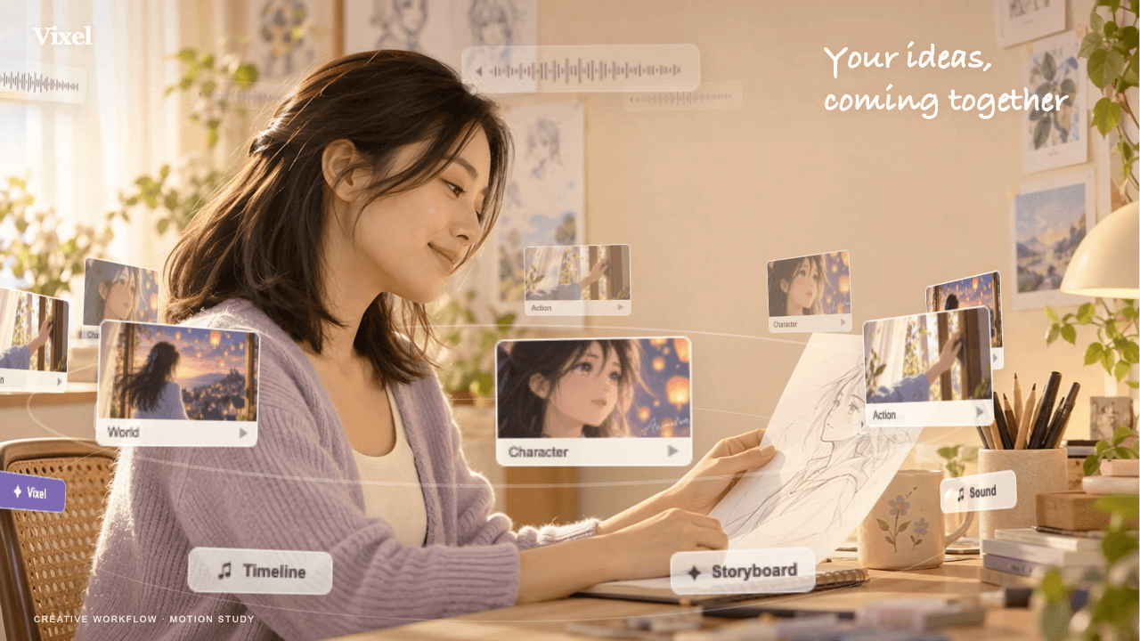 The illustrator holds her original sketch as character, scene and sound cards surround her