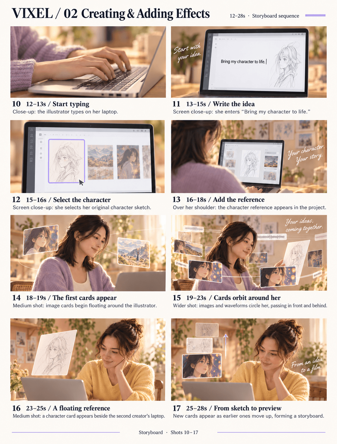 Storyboard showing the reference image, orbiting cards, and floating preview sequence