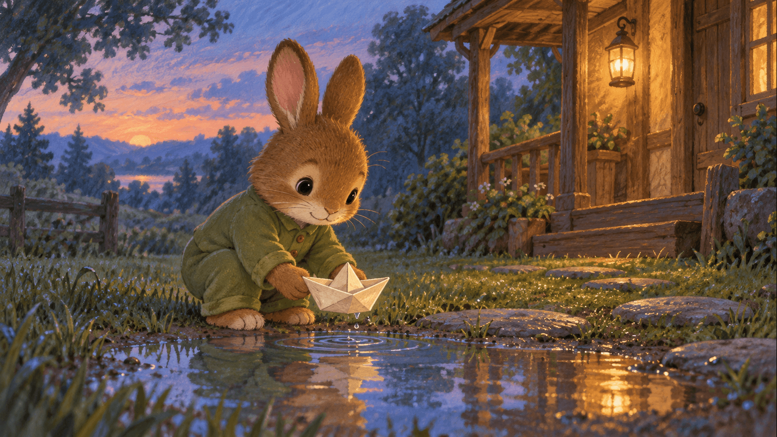 Storyboard frame one: Pip lifts his paper boat from a puddle near the illuminated porch.