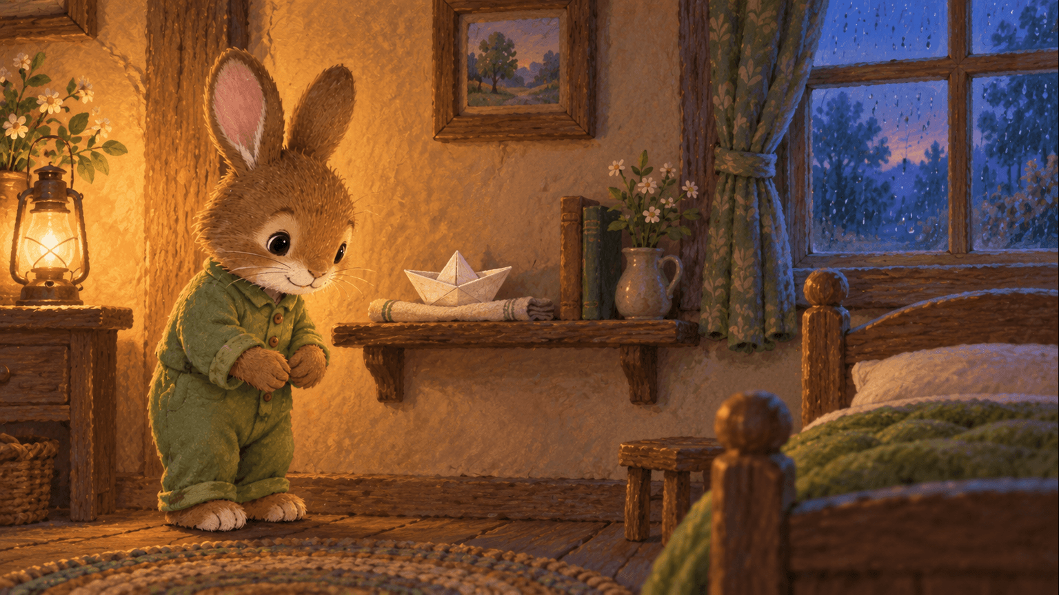 Storyboard frame two: the paper boat rests on a cloth in Pip’s warm cottage.