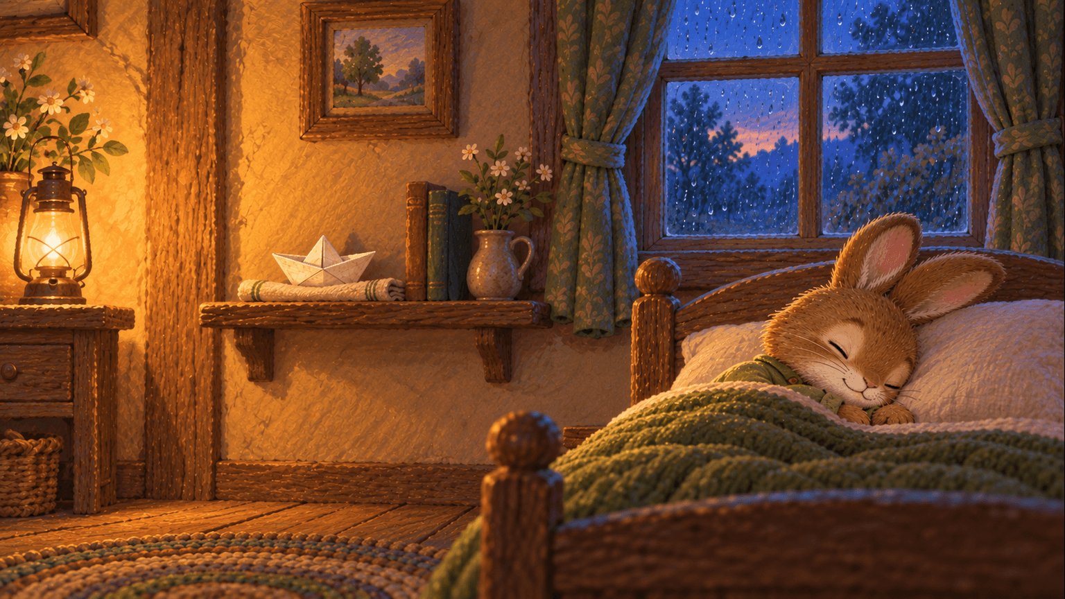 Storyboard frame three: Pip sleeps beneath a blanket with the boat still visible on its shelf.