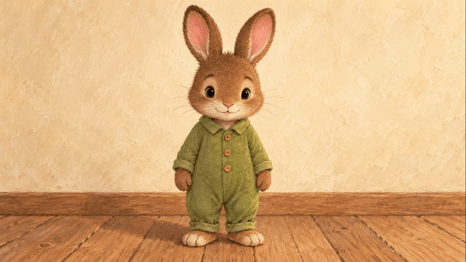Front reference of Pip, a brown rabbit with a cream muzzle, pink inner ears and moss-green pajamas.