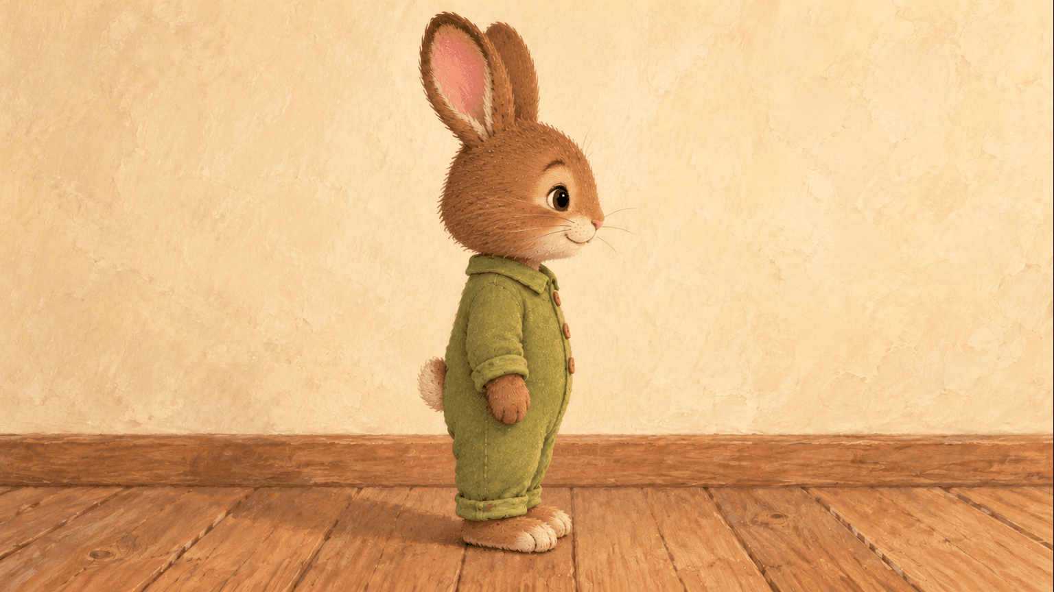 Side reference of Pip showing his muzzle, long ears and the same green pajama outfit.
