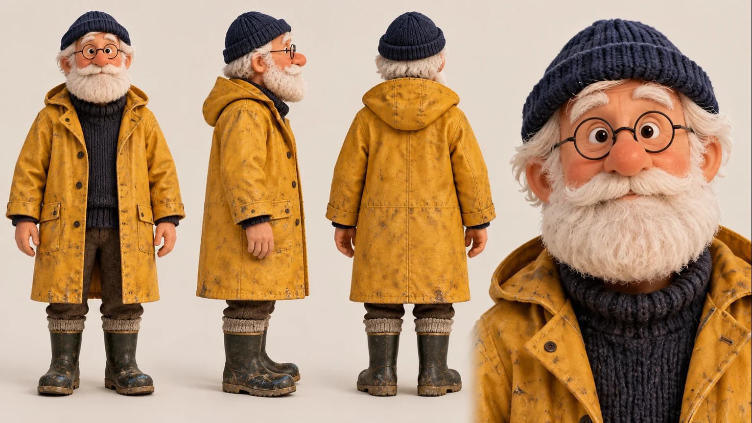 A character sheet with front, side and back views of the keeper in a navy cap and yellow coat, plus a face close-up.