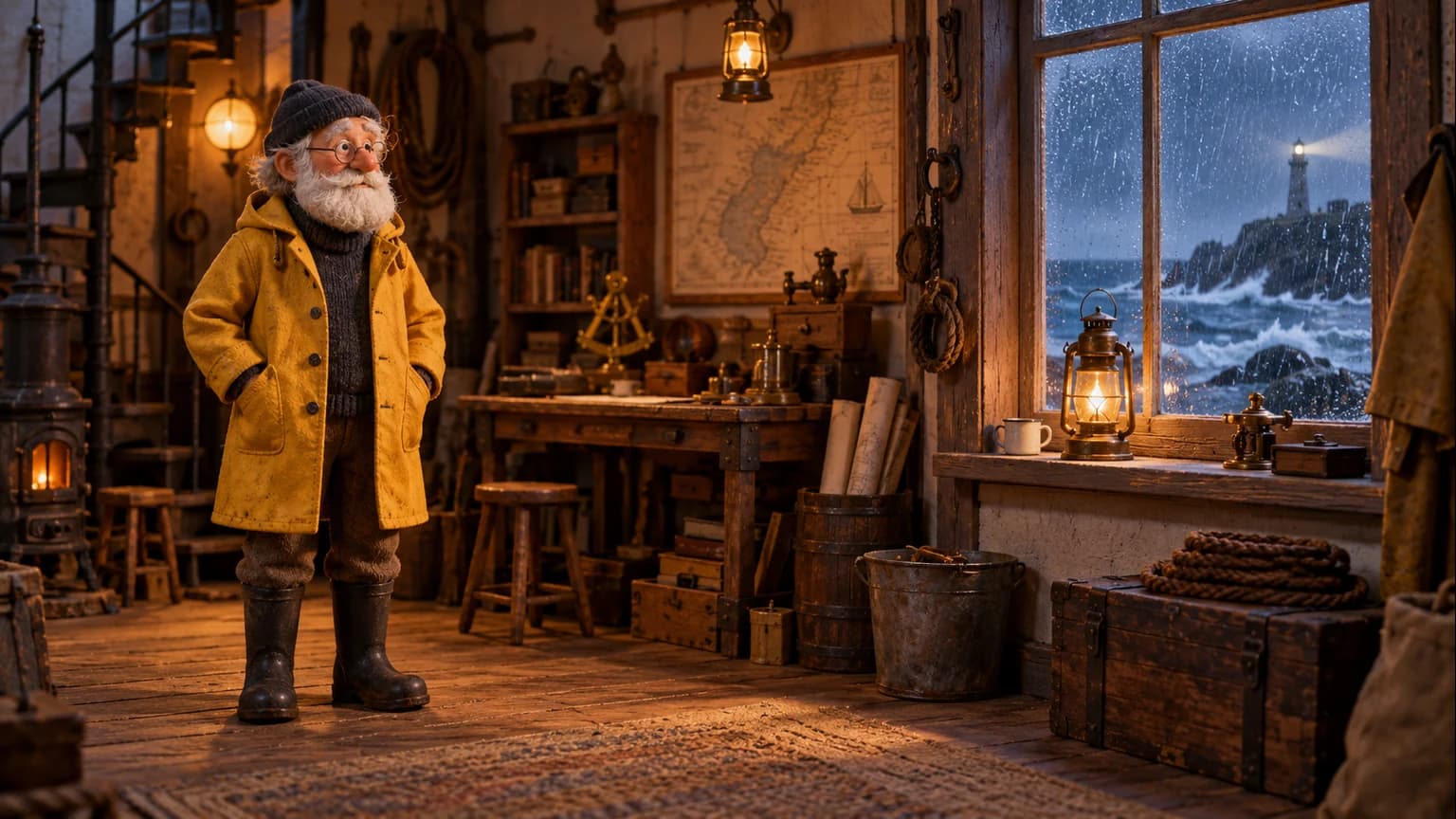 An AI-generated lighthouse keeper in a yellow coat stands in a wooden workshop beside a rectangular window overlooking a stormy sea.