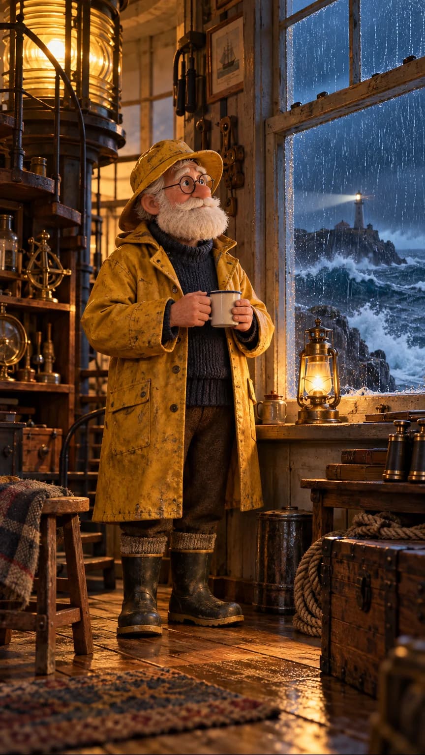 A separate AI-generated portrait of the keeper wearing a yellow rain hat and holding a mug in the workshop.
