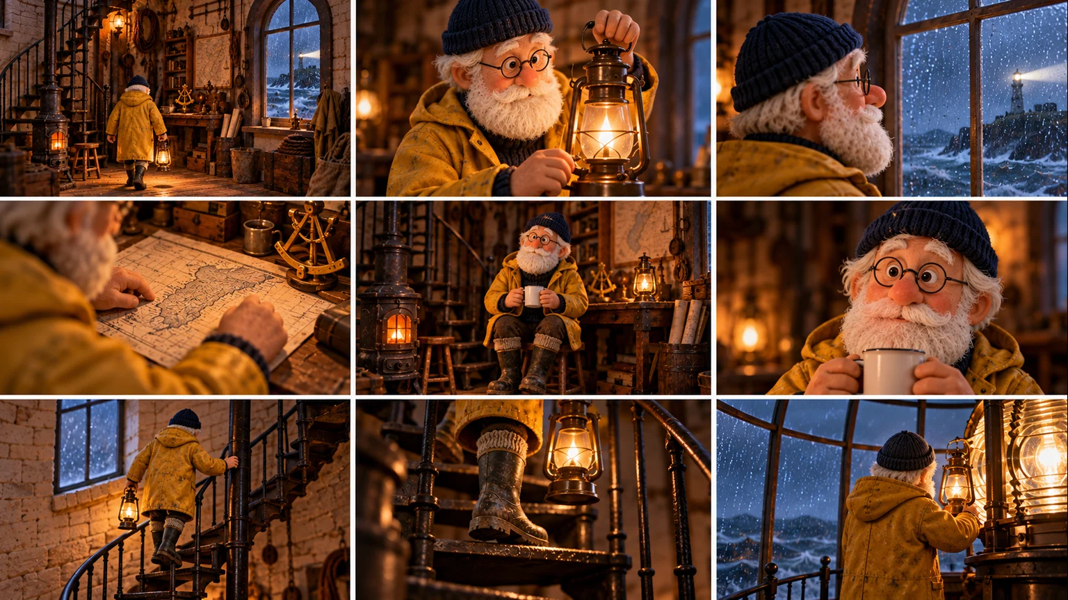 Nine storyboard panels show the keeper carrying a lantern, examining a map, holding a mug and climbing stairs.