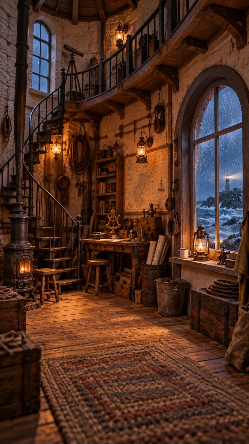 A tall AI-generated workshop interior with a spiral staircase, brass lamps and an arched window looking out to sea.