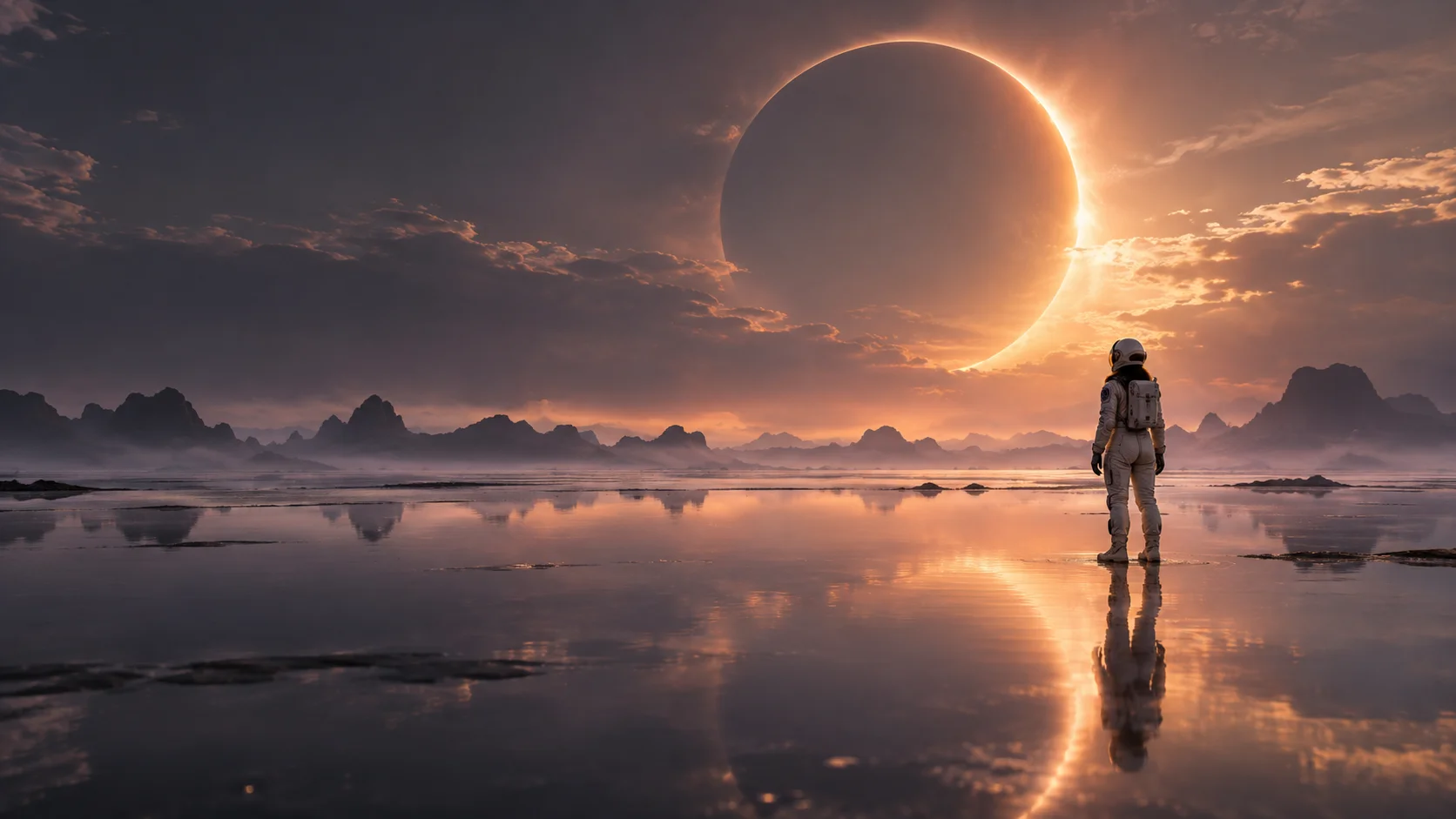 A lone astronaut reflected in shallow water beneath a golden eclipse