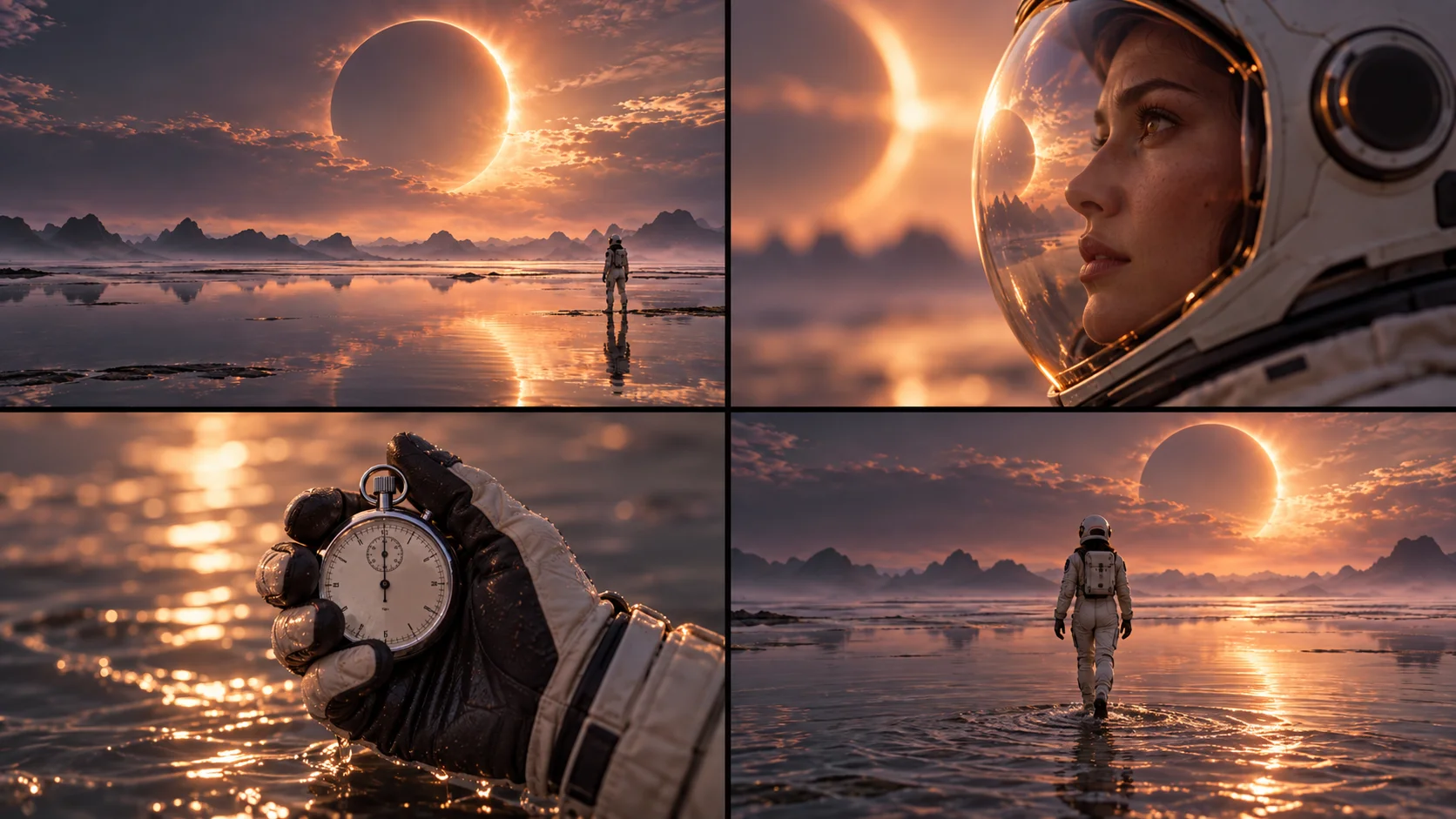Four concept frames: an eclipse over water, the astronaut’s face, a stopwatch, and the astronaut walking toward the horizon