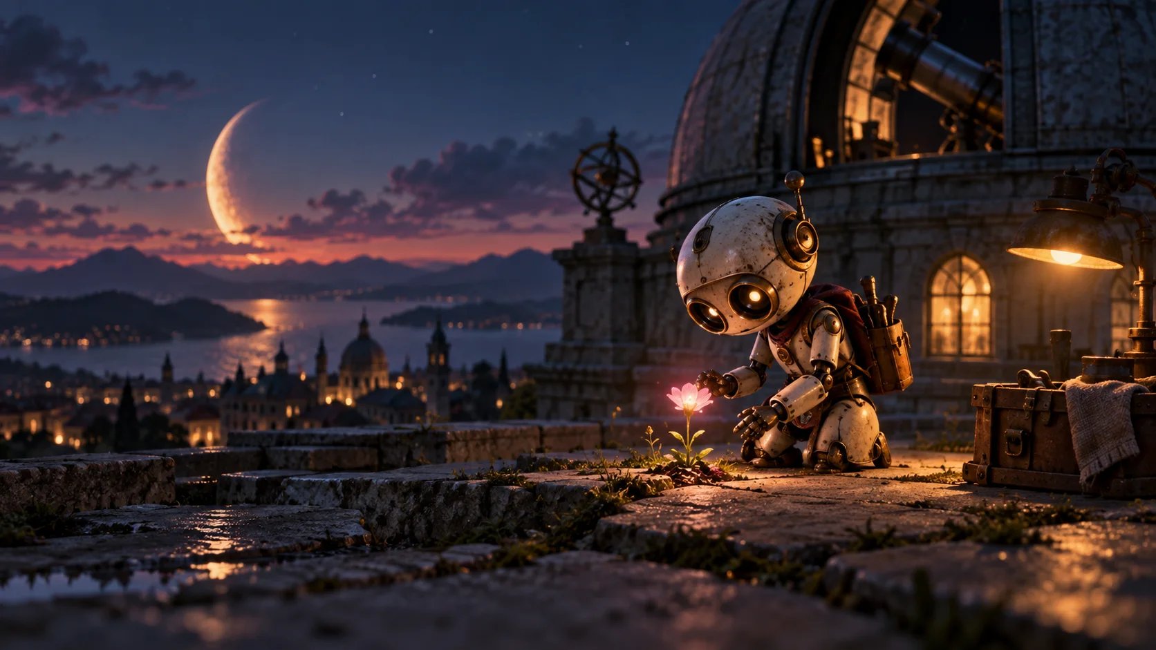 An original concept illustration of a small repair robot tending a glowing flower on an observatory rooftop at dusk