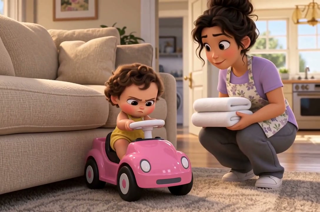 Bella sits in a pink toy car while her mother holds a pile of towels behind her.