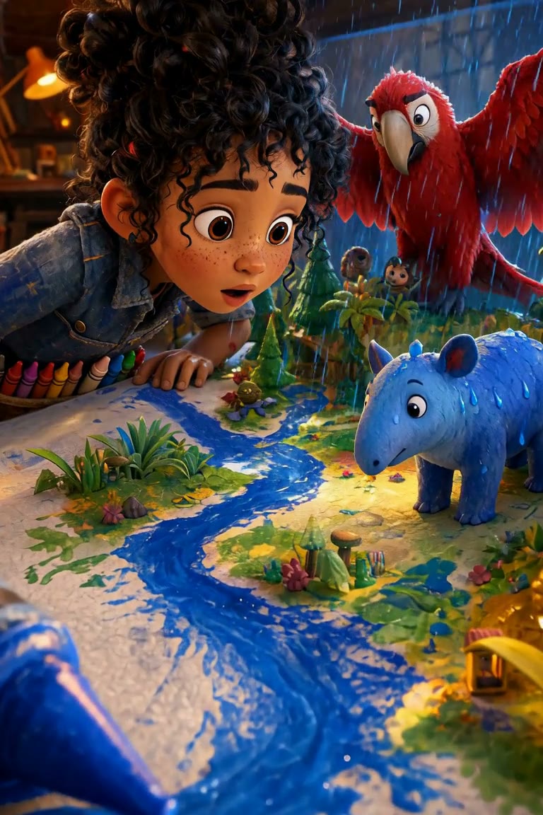 Rue leans over the crayon river while Blu the tapir and a red macaw watch the rain
