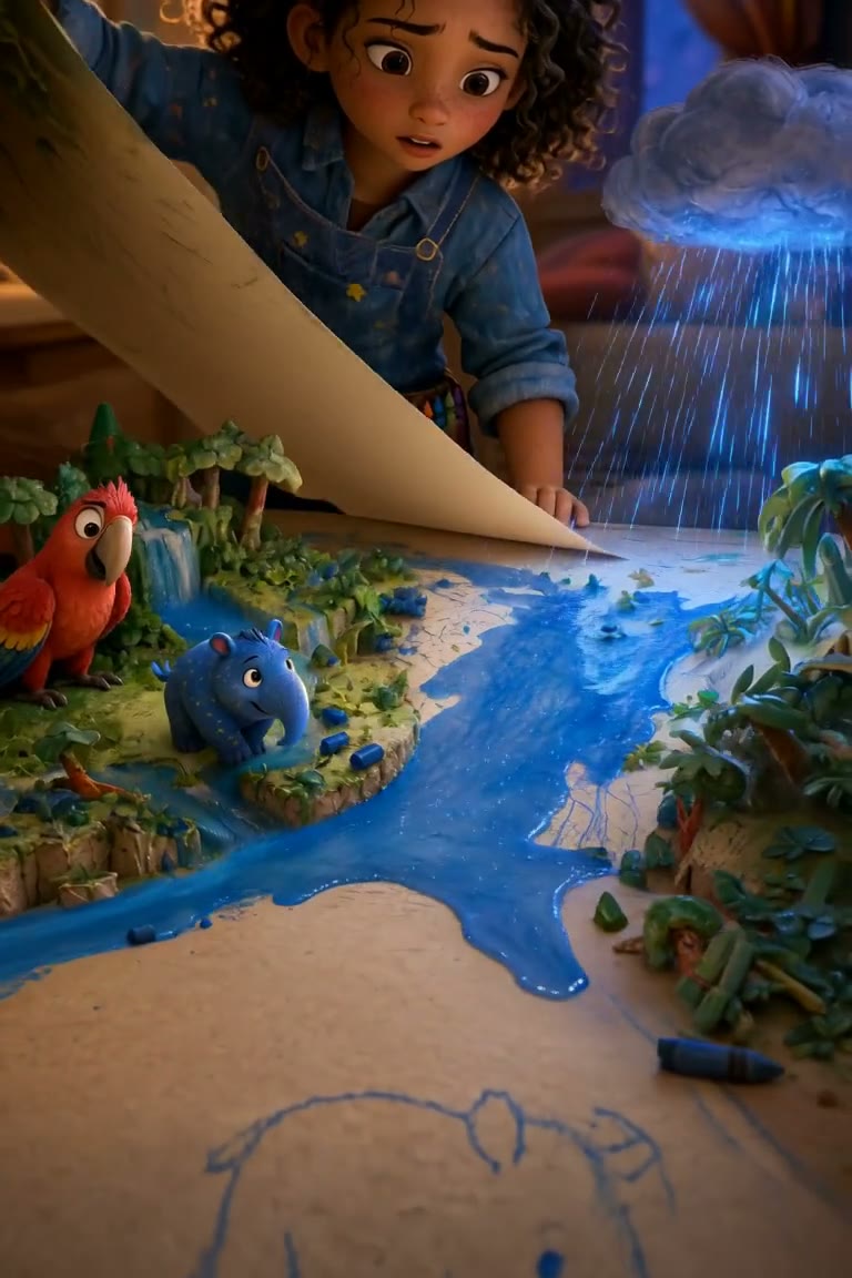 Rue holds a sheet above the miniature rainforest, beside Blu and the macaw