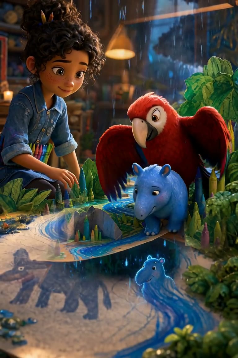 Rue, Blu and the red macaw gather beside the blue water near the end of the portrait film