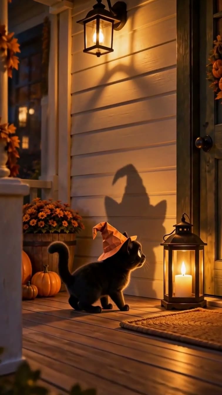 Miso faces its enormous shadow on the porch