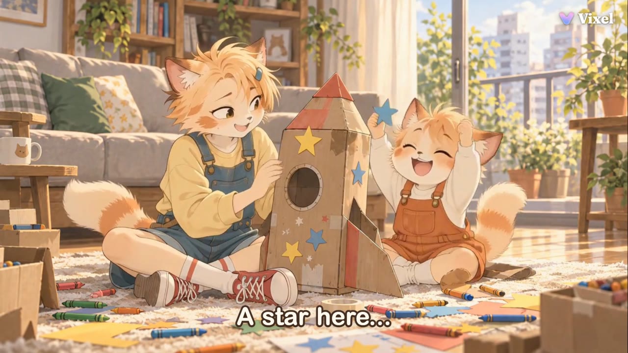Mika and Pip sit on the rug beside a cardboard rocket decorated with paper stars
