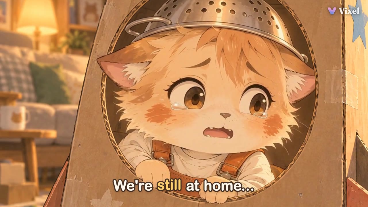 Pip, wearing a kitchen colander as a helmet, looks sad through the rocket's round window