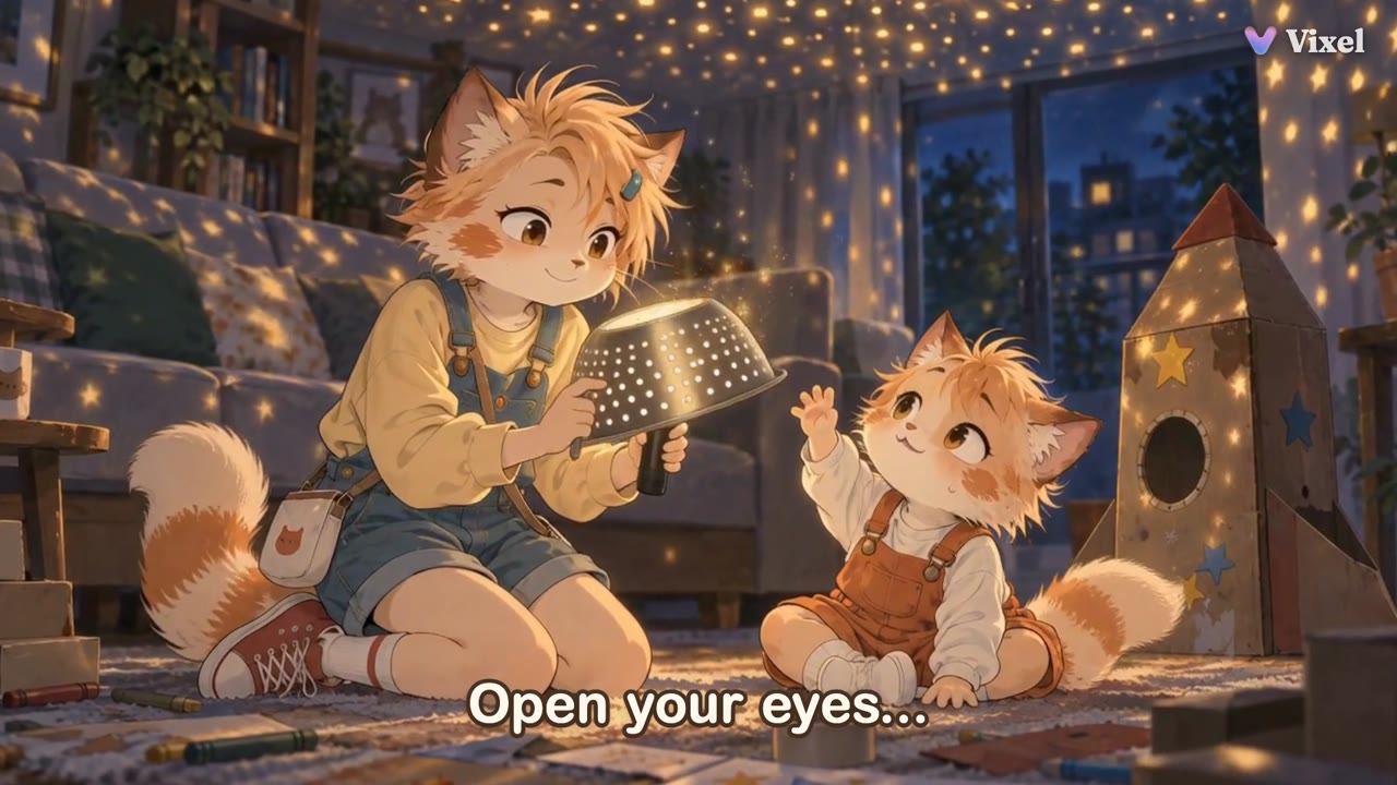 Mika holds a glowing colander that fills the dark living room with tiny stars as Pip reaches up