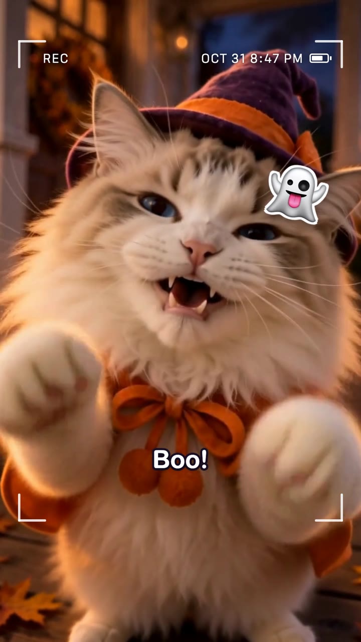 A fluffy cat in a witch hat and orange cape leaps toward the camera on a porch at night