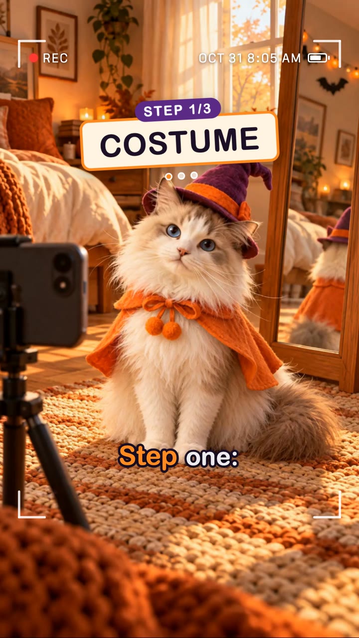 The cat in a plum witch hat and orange cape stands beside a phone on a tripod in a bedroom
