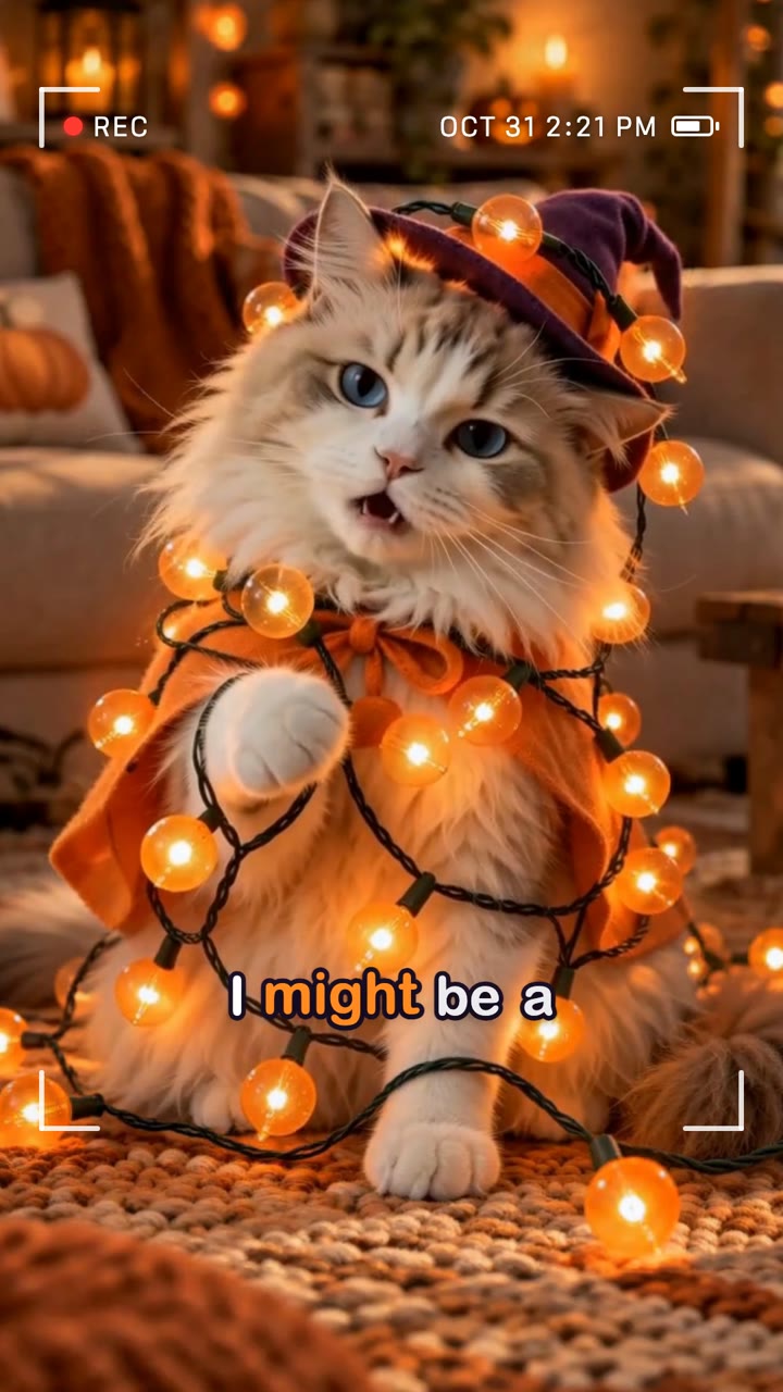 The cat sits tangled in a string of glowing orange lights