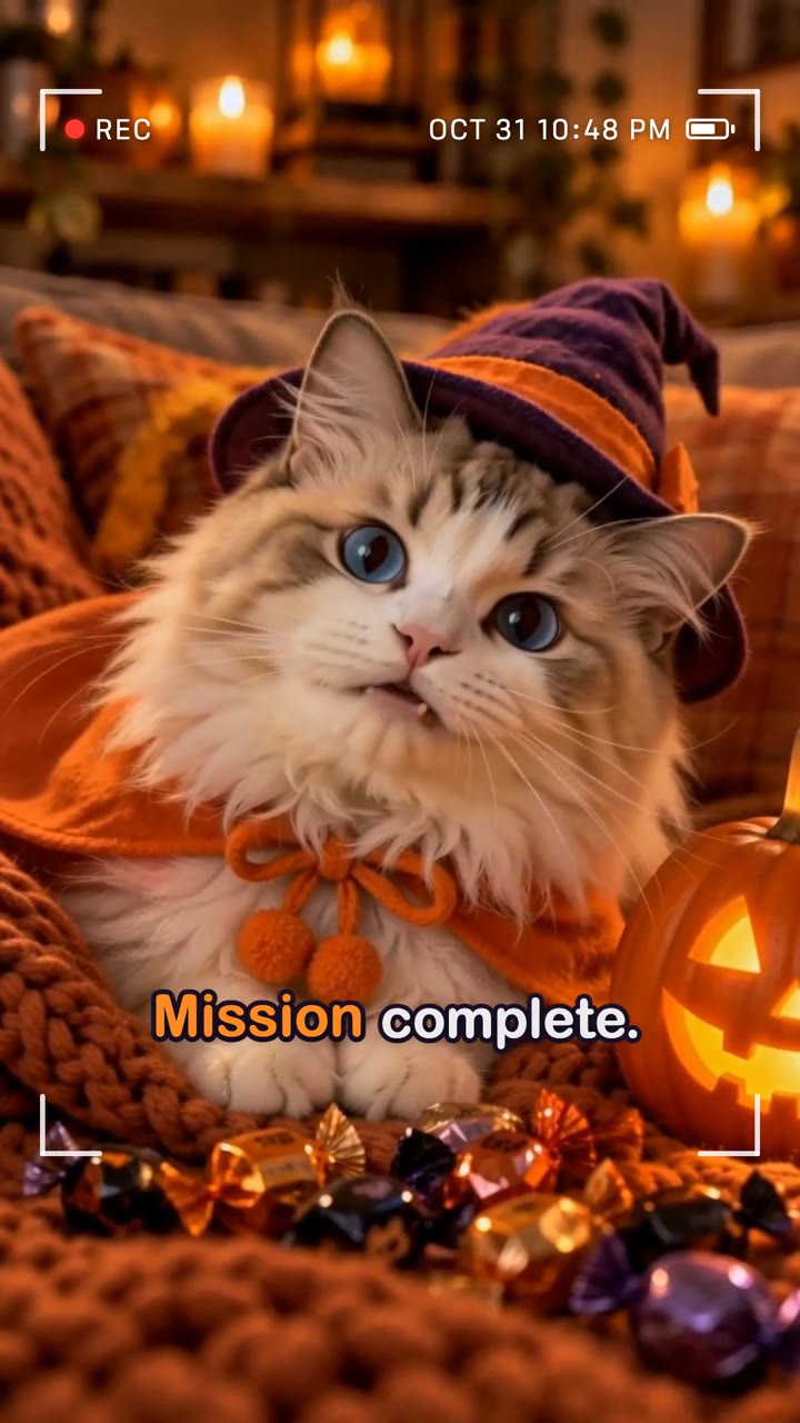 The cat rests on a knitted blanket beside a glowing jack-o'-lantern and wrapped candy