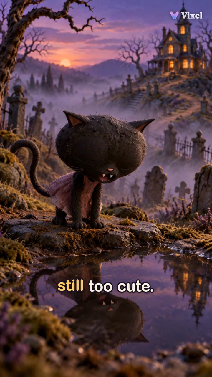 A small felt black cat in a dusty-pink dress looks at her reflection in a graveyard puddle at dusk