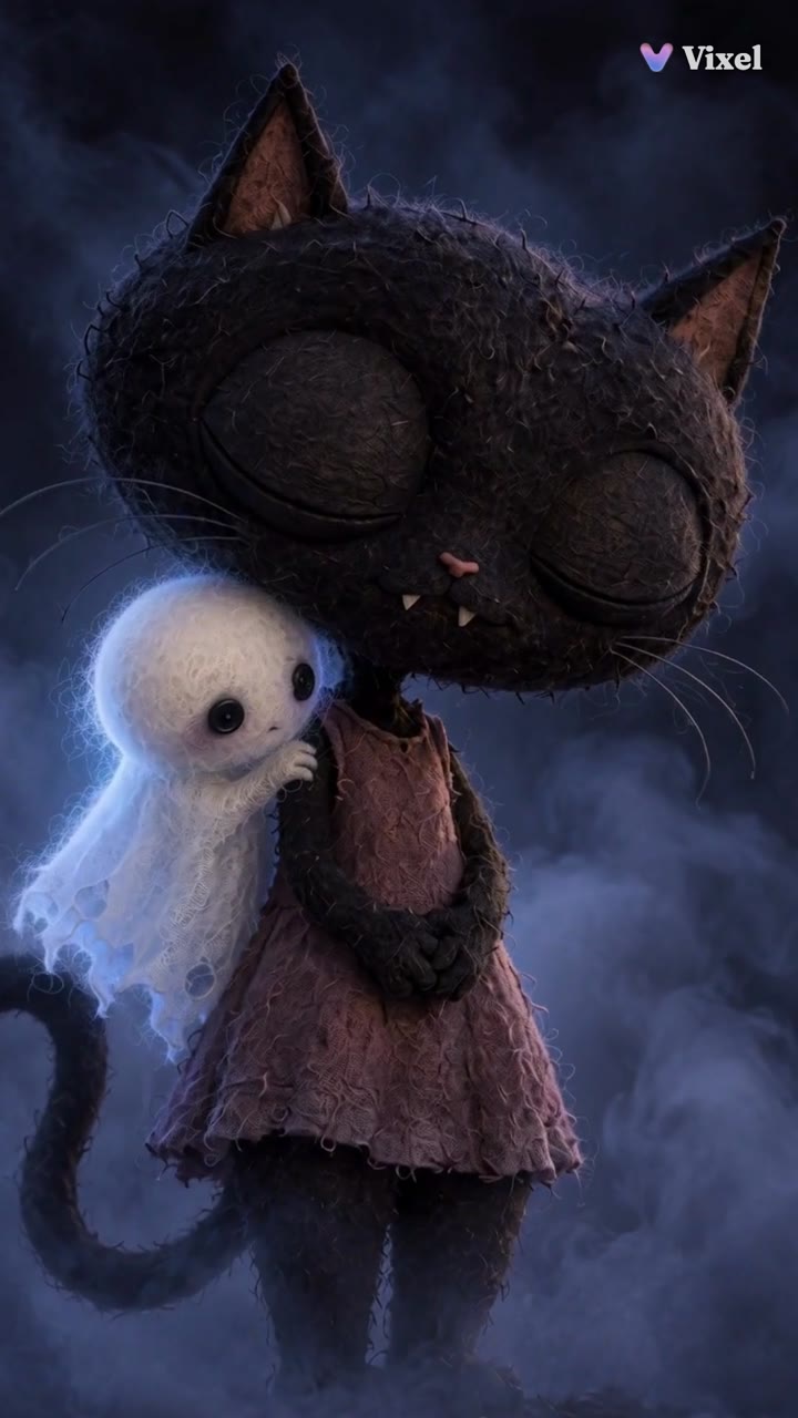 Nyx stands in dark fog with the little ghost clinging to her shoulder