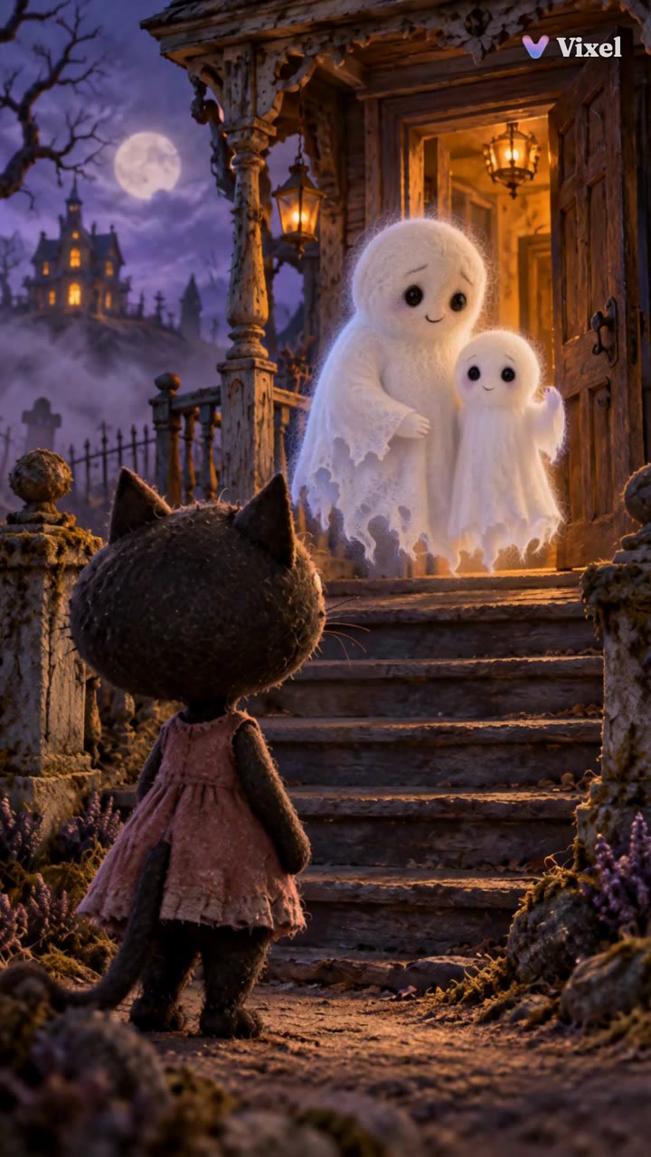 Two ghosts hug in the warm doorway of a crooked house while Nyx watches from the steps