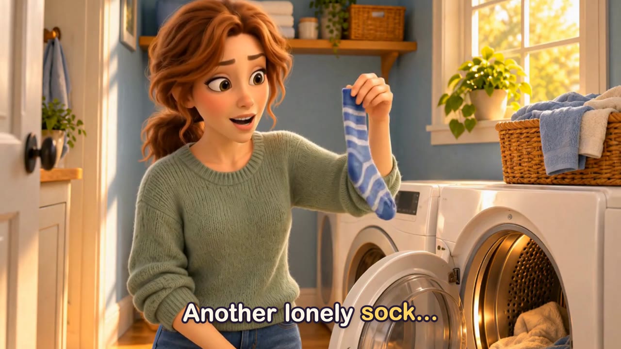 A woman in a green sweater holds up a single striped sock in a sunny laundry room