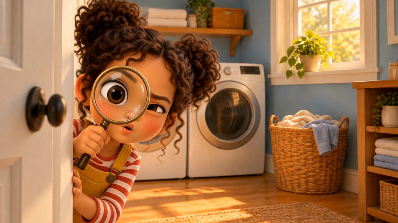 A girl with curly hair in two buns peers through a large magnifying glass