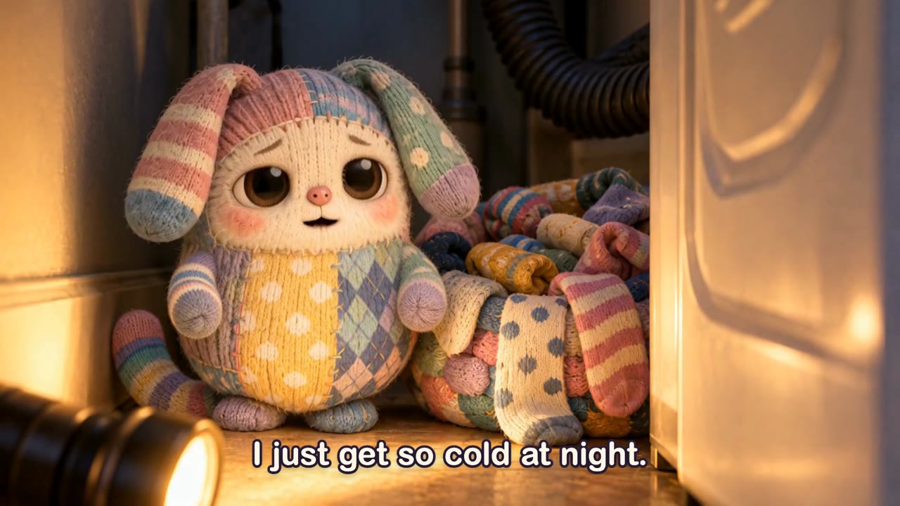 A small patchwork sock monster sits beside a nest of colourful socks in torchlight