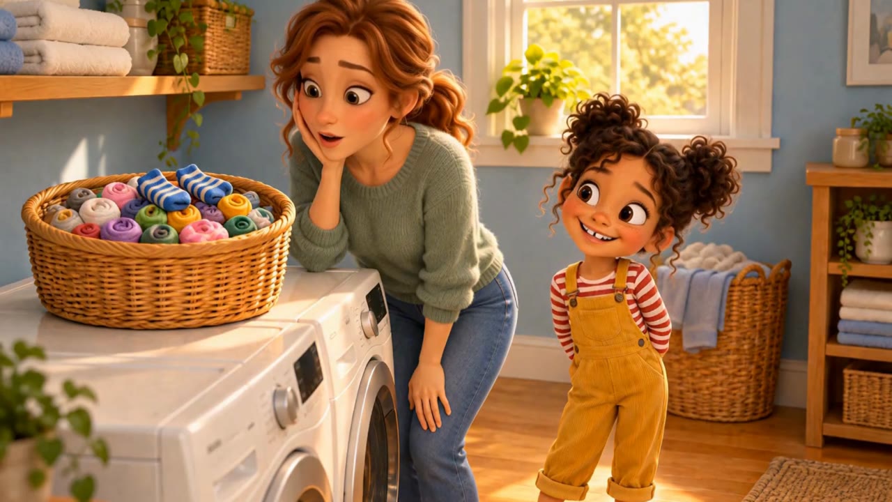 Mom and Lily smile beside a basket of neatly paired socks