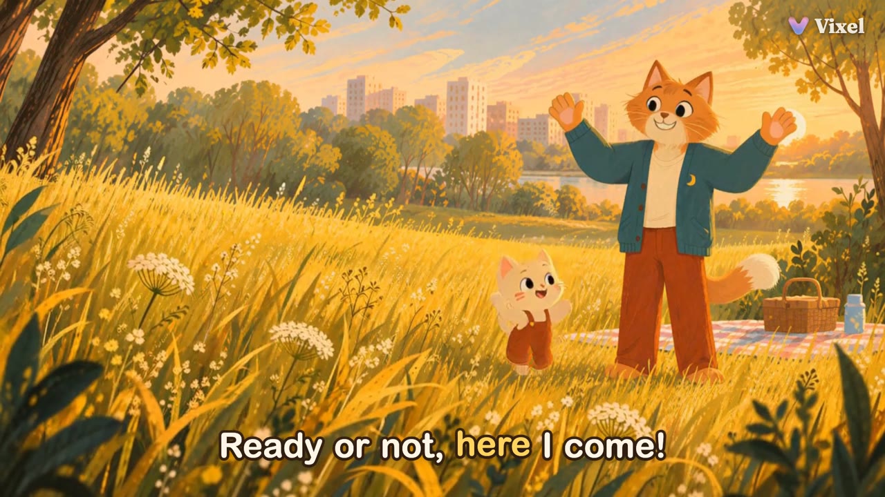 A tall orange cat in a teal cardigan stands with a small cream kitten in a golden meadow